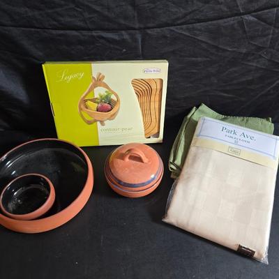 Hand-thrown terracotta or clay cooking pot with a lid - Chip and dip bowl - Wooden fruit bowl and more