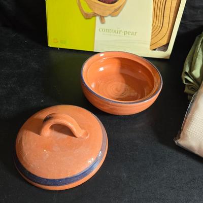 Hand-thrown terracotta or clay cooking pot with a lid - Chip and dip bowl - Wooden fruit bowl and more