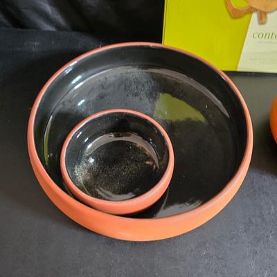 Hand-thrown terracotta or clay cooking pot with a lid - Chip and dip bowl - Wooden fruit bowl and more