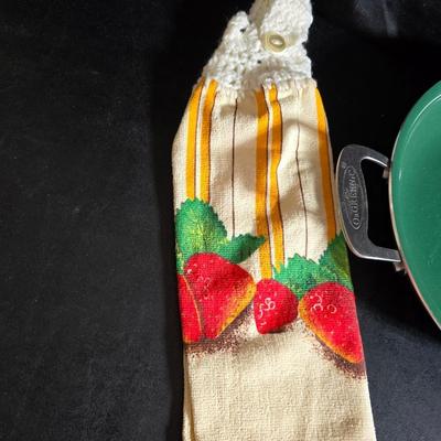 Cambridge covered casserole dish in the "Bittersweet" pattern - Orgreenic frying pan - silicone hot pads - kitchen towels and more