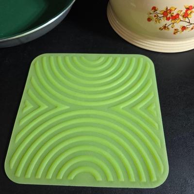 Cambridge covered casserole dish in the "Bittersweet" pattern - Orgreenic frying pan - silicone hot pads - kitchen towels and more