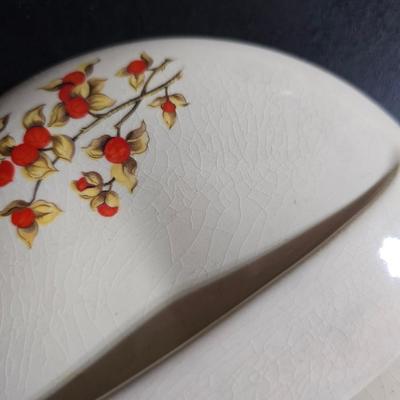 Cambridge covered casserole dish in the "Bittersweet" pattern - Orgreenic frying pan - silicone hot pads - kitchen towels and more