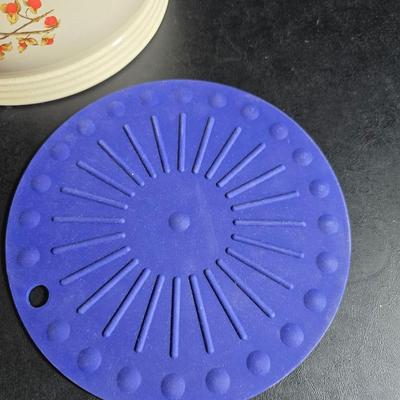 Cambridge covered casserole dish in the "Bittersweet" pattern - Orgreenic frying pan - silicone hot pads - kitchen towels and more