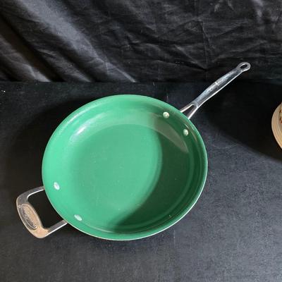 Cambridge covered casserole dish in the "Bittersweet" pattern - Orgreenic frying pan - silicone hot pads - kitchen towels and more