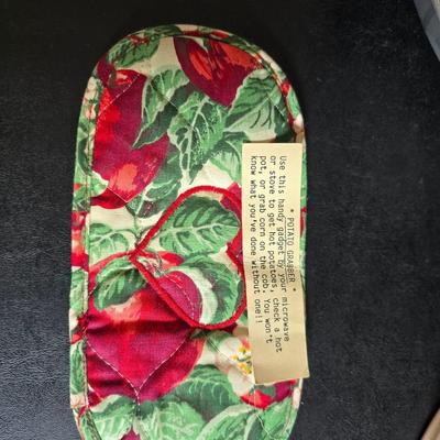 Cambridge covered casserole dish in the "Bittersweet" pattern - Orgreenic frying pan - silicone hot pads - kitchen towels and more