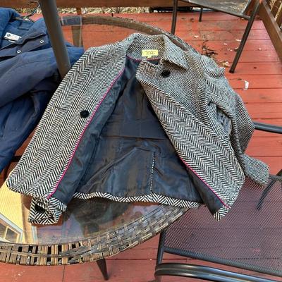 Sale Photo Thumbnail #403: Juniors' single-breasted walker coat in a black and white herringbone pattern.