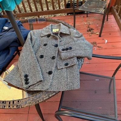 Sale Photo Thumbnail #400: Juniors' single-breasted walker coat in a black and white herringbone pattern.