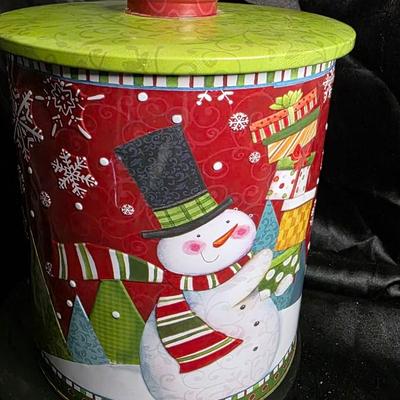 Lindy Bowman Snowman Christmas Tin Canister - 2015 Holiday Cookie Storage Jar