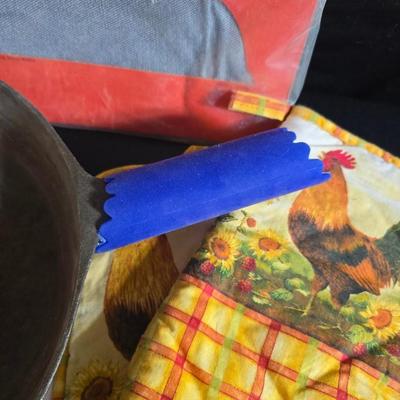 Cast Iron skillet - Ekco Flint cutlery set - rooster hot pads - Weber kettle cover - clock n flame lighters and more