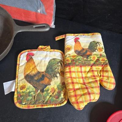 Cast Iron skillet - Ekco Flint cutlery set - rooster hot pads - Weber kettle cover - clock n flame lighters and more