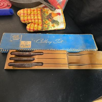 Cast Iron skillet - Ekco Flint cutlery set - rooster hot pads - Weber kettle cover - clock n flame lighters and more