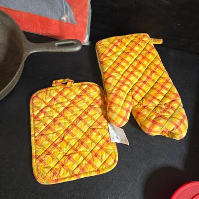 Cast Iron skillet - Ekco Flint cutlery set - rooster hot pads - Weber kettle cover - clock n flame lighters and more