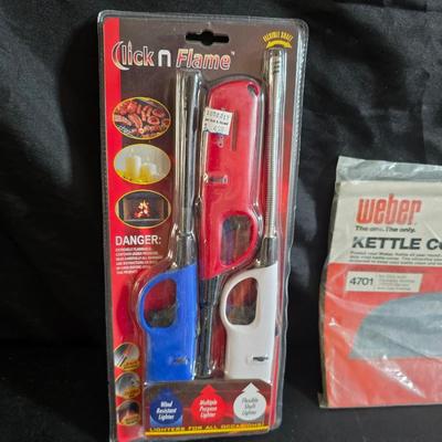 Cast Iron skillet - Ekco Flint cutlery set - rooster hot pads - Weber kettle cover - clock n flame lighters and more