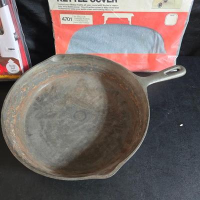 Cast Iron skillet - Ekco Flint cutlery set - rooster hot pads - Weber kettle cover - clock n flame lighters and more