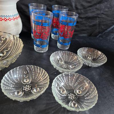 USA Marked commemorative dairy pitcher - with Pepsi-stained glass like glasses and vintage glass bowls