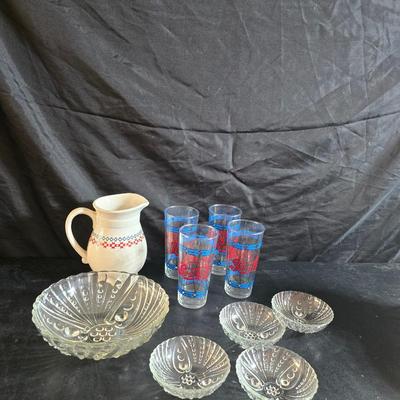 USA Marked commemorative dairy pitcher - with Pepsi-stained glass like glasses and vintage glass bowls