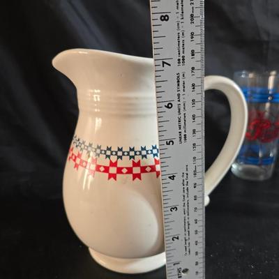 USA Marked commemorative dairy pitcher - with Pepsi-stained glass like glasses and vintage glass bowls