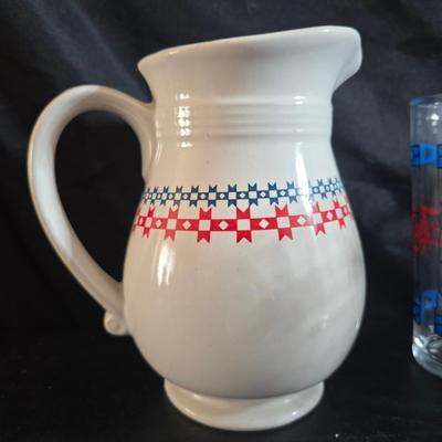 USA Marked commemorative dairy pitcher - with Pepsi-stained glass like glasses and vintage glass bowls