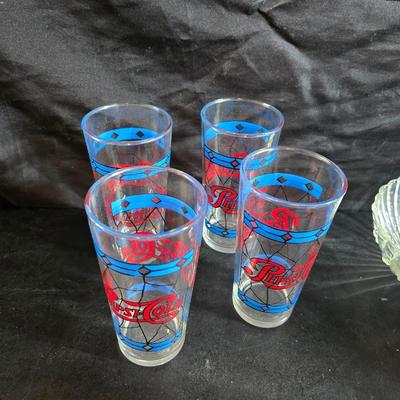 USA Marked commemorative dairy pitcher - with Pepsi-stained glass like glasses and vintage glass bowls