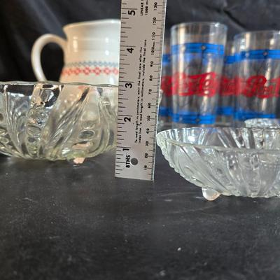 USA Marked commemorative dairy pitcher - with Pepsi-stained glass like glasses and vintage glass bowls