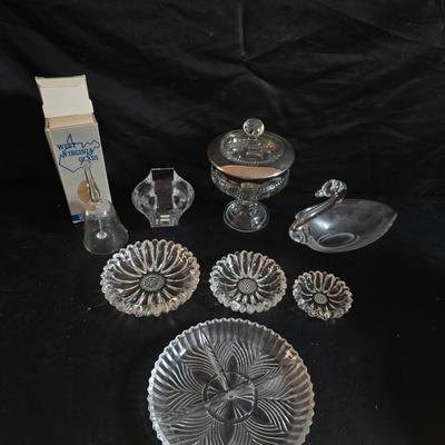 Vintage glassware - Virginia glass 1004 bell - Nambe Slovenia glass - nesting Hazel-Atlas Daisy pattern trinket dishes - and more