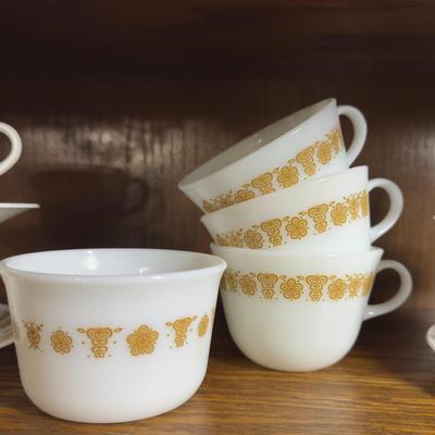 Sale Photo Thumbnail #21: Includes 4 cups and saucers, 3 milk glass cups and 1 milk glass bowl