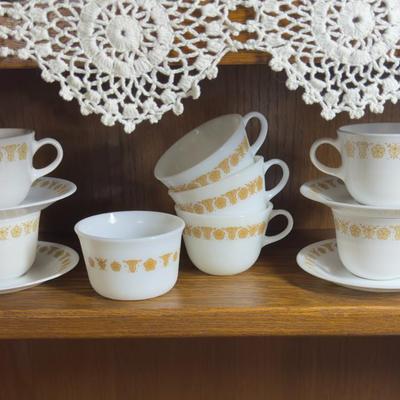 Sale Photo Thumbnail #20: Includes 4 cups and saucers, 3 milk glass cups and 1 milk glass bowl