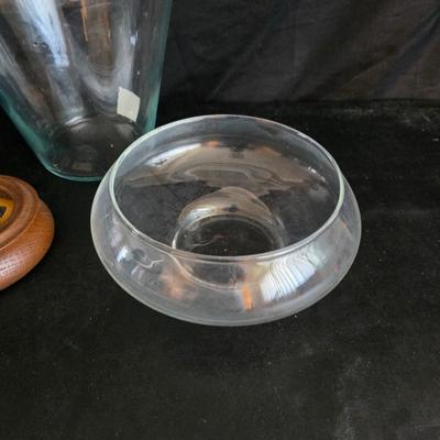 Home decor - large, corked jar - candle holders - and a framed specimen of an Asterope Sapphira butterfly