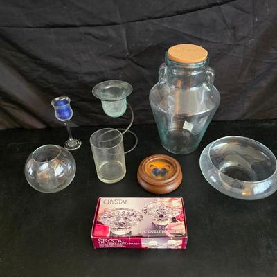 Home decor - large, corked jar - candle holders - and a framed specimen of an Asterope Sapphira butterfly