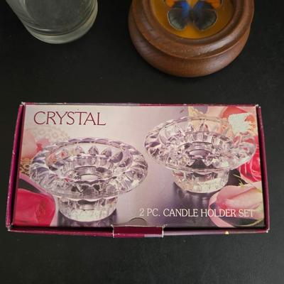 Home decor - large, corked jar - candle holders - and a framed specimen of an Asterope Sapphira butterfly