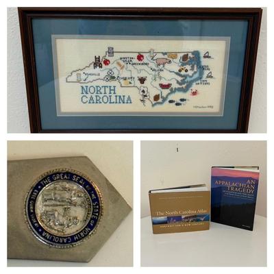 Framed North Carolina Cross-Stitch Map, North Carolina Books, Including Signed & First Edition (LC-SF)
