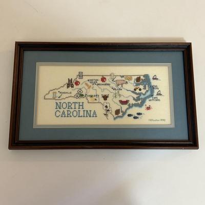 Framed North Carolina Cross-Stitch Map, North Carolina Books, Including Signed & First Edition (LC-SF)