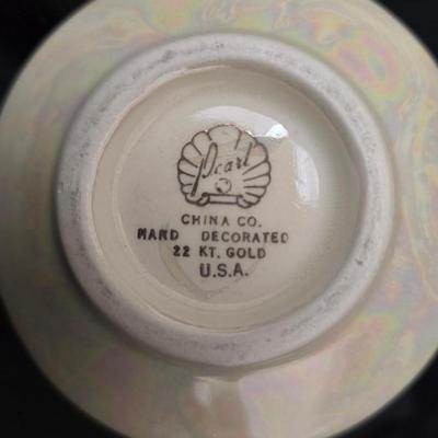 Blackberry Wreath carnival glass bowl and vintage Pearl China Co. creamer& sugar bowl iridescent lusterware set hand decorated with...