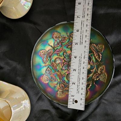 Blackberry Wreath carnival glass bowl and vintage Pearl China Co. creamer& sugar bowl iridescent lusterware set hand decorated with...