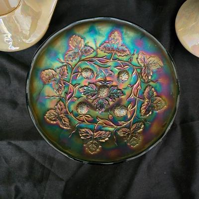 Blackberry Wreath carnival glass bowl and vintage Pearl China Co. creamer& sugar bowl iridescent lusterware set hand decorated with...