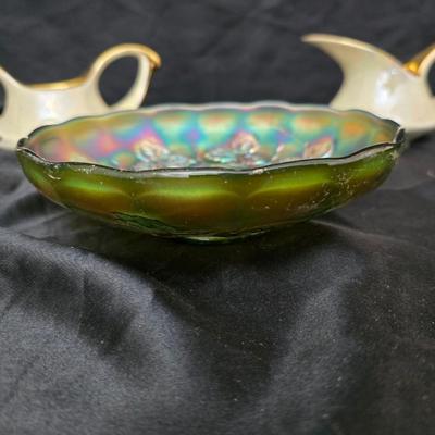 Blackberry Wreath carnival glass bowl and vintage Pearl China Co. creamer& sugar bowl iridescent lusterware set hand decorated with...