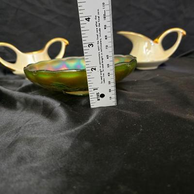 Blackberry Wreath carnival glass bowl and vintage Pearl China Co. creamer& sugar bowl iridescent lusterware set hand decorated with...