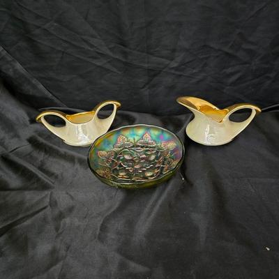 Blackberry Wreath carnival glass bowl and vintage Pearl China Co. creamer& sugar bowl iridescent lusterware set hand decorated with...