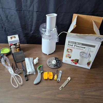 West bend food processor with multiple attachments - and a handful of Kitchen utensils