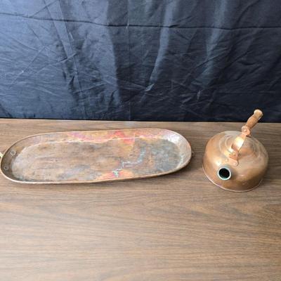 Vintage solid copper ODI Portugal kettle with a vintage copper tray