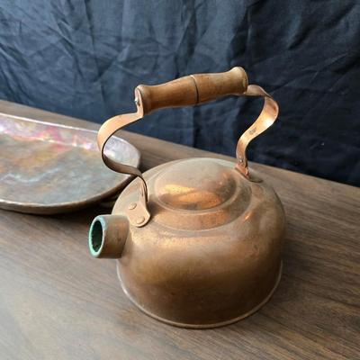 Vintage solid copper ODI Portugal kettle with a vintage copper tray