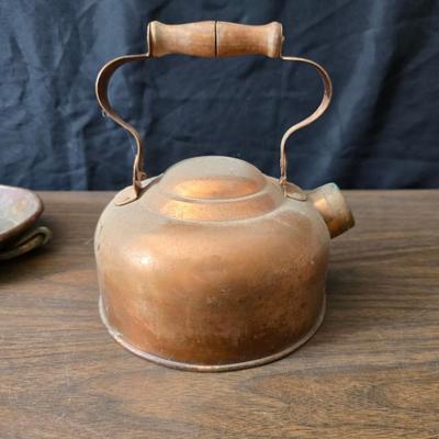 Vintage solid copper ODI Portugal kettle with a vintage copper tray