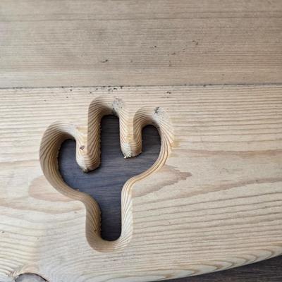 Decorative wooden shelf with cactus and two small wooden boxes also wood burned to match