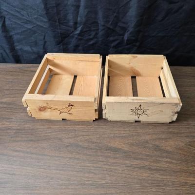 Decorative wooden shelf with cactus and two small wooden boxes also wood burned to match