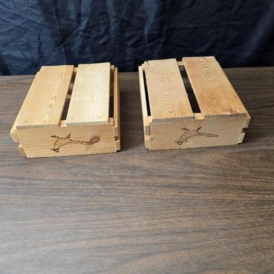 Decorative wooden shelf with cactus and two small wooden boxes also wood burned to match