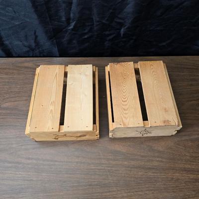 Decorative wooden shelf with cactus and two small wooden boxes also wood burned to match