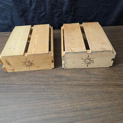 Decorative wooden shelf with cactus and two small wooden boxes also wood burned to match
