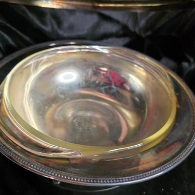 Vintage Silver Plated Covered Casserole Dish with Pyrex Insert - Scalloped Rim and Cherub Wing Handles
