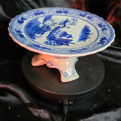 Blue and White Chinese Porcelain Plate with Pagoda and Waterfall Scene - Vintage Chinoiserie Collectible