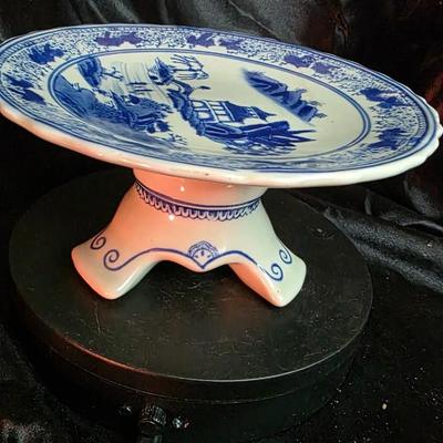 Blue and White Chinese Porcelain Plate with Pagoda and Waterfall Scene - Vintage Chinoiserie Collectible